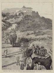 Der königliche Besuch in Indien, der Prinz von Wales auf dem Weg zum Tempel von Parbuttee, in der Nähe von Poonah